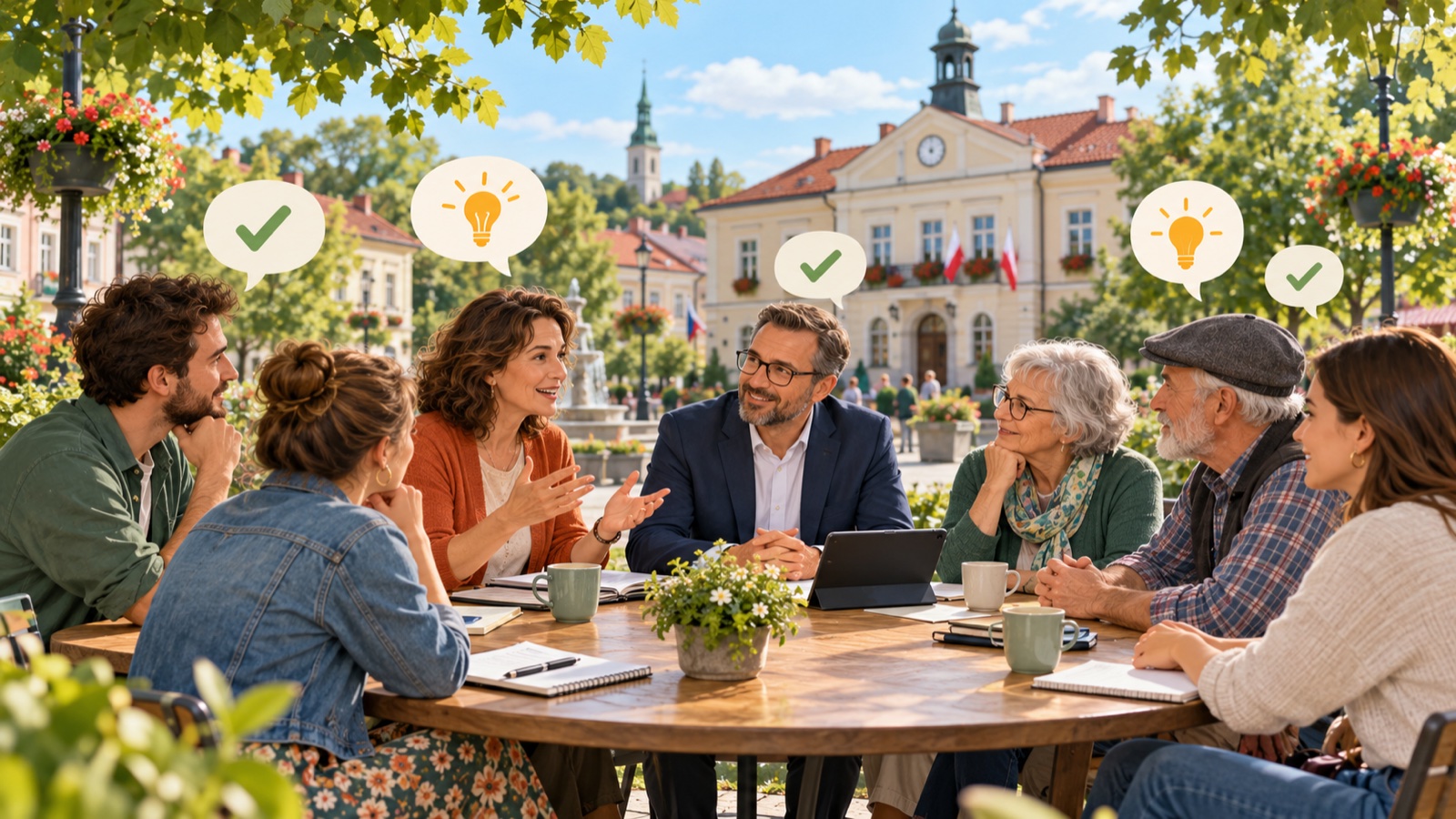Mieszkańcy w różnym wieku rozmawiają przy wspólnym stole z przedstawicielem samorządu na rynku przed urzędem