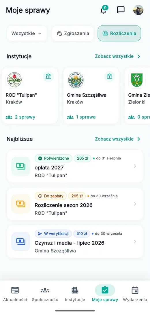 The billing screen in the Znamy się app with a charge and payment history