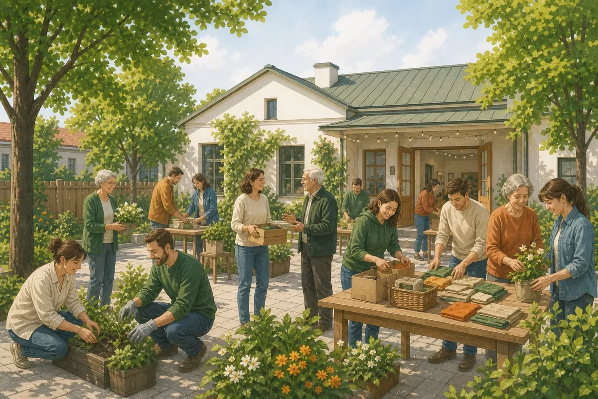 Neighbours work together in a garden outside their building