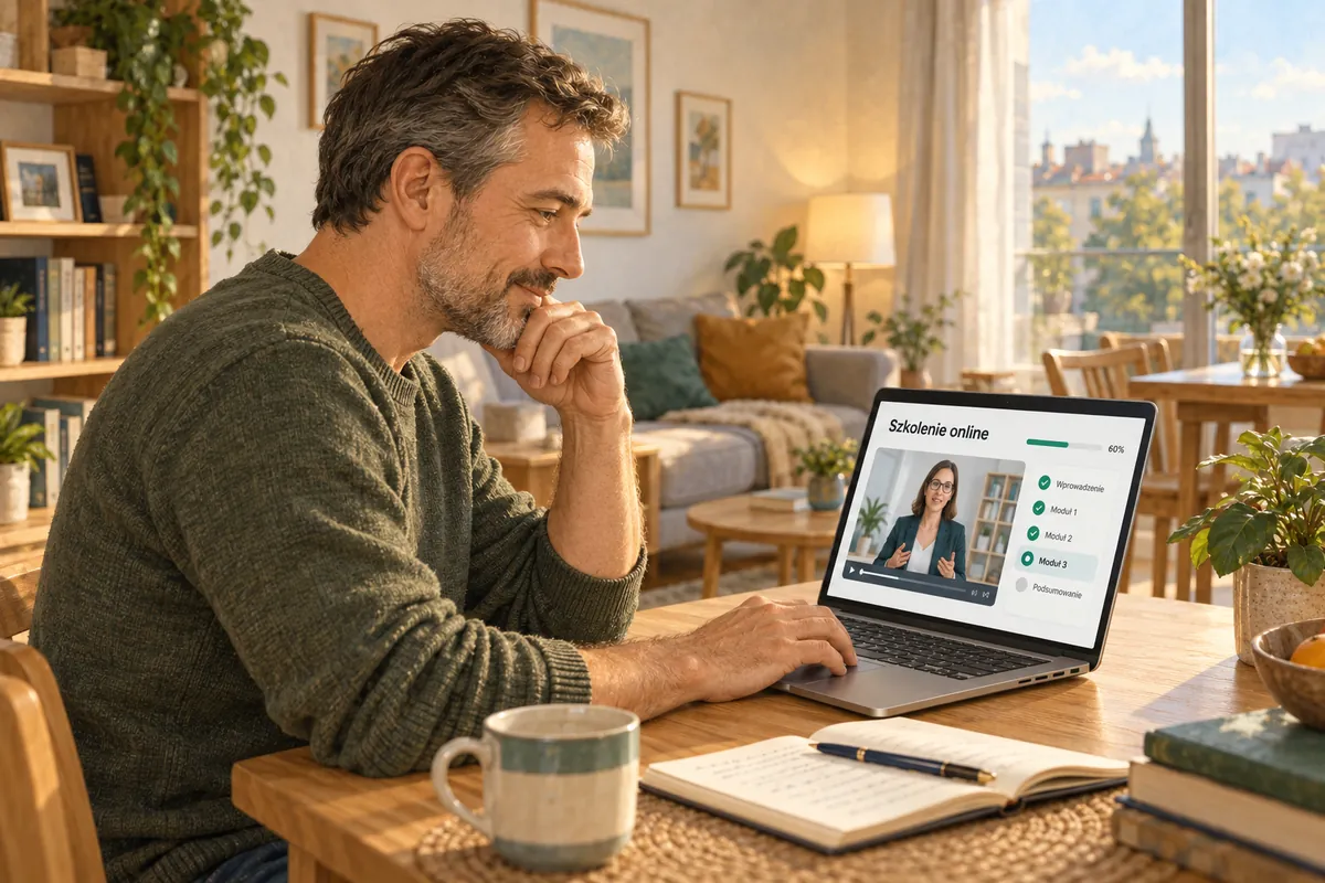 Mężczyzna uczestniczy w szkoleniu online na laptopie w domowym gabinecie