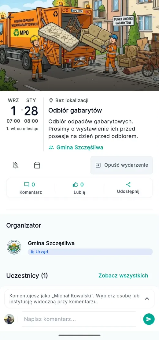 The events screen in the Znamy się app with a bulky waste collection date