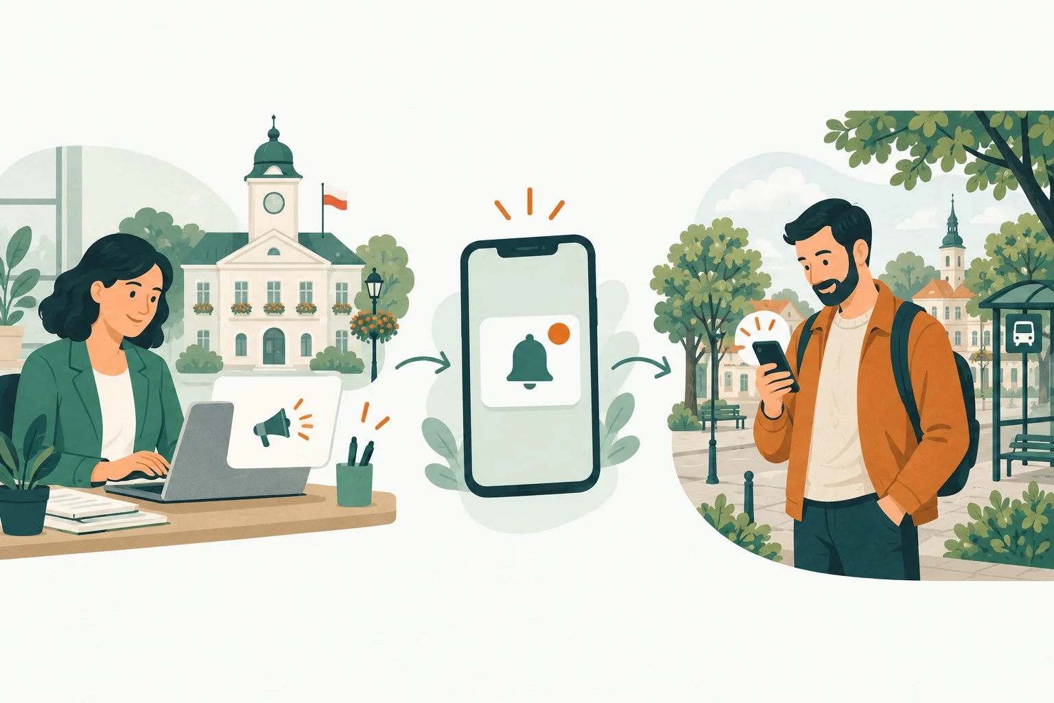 Pracownik gminy publikuje ogłoszenie w panelu. Mieszkaniec otrzymuje powiadomienie na telefonie. Otwiera aplikację i zapoznaje się z informacją.